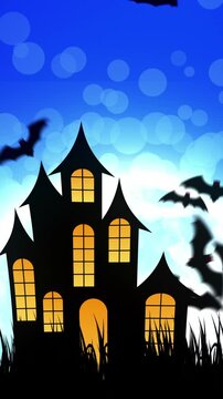 Halloween Castle with bats and Blue Sky