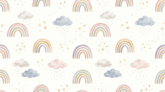 Pastel watercolor seamless pattern featuring cute rainbows and fluffy clouds for nursery background decoration