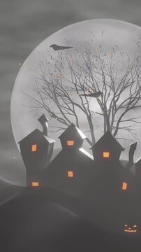Spooky halloween night scene with haunted house and glowing Jack o Lantern with horizontal movemen