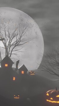 Spooky halloween night scene with haunted house and glowing Jack o Lantern