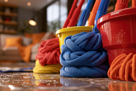 Colorful wet mops and buckets arranged on shiny tiled floor in cozy living room ready for household cleaning tasks on a bright day