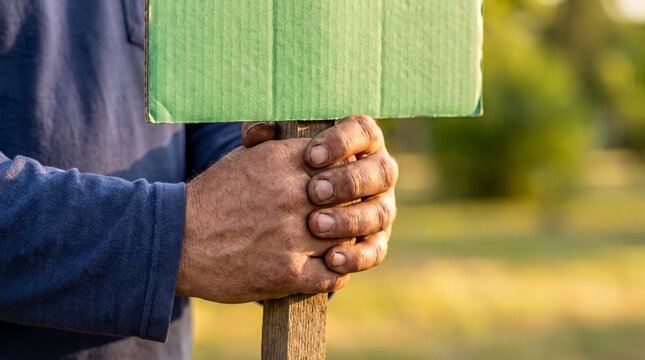 Civic activism, Weathered hands firmly grip a blank green protest sign outdoors