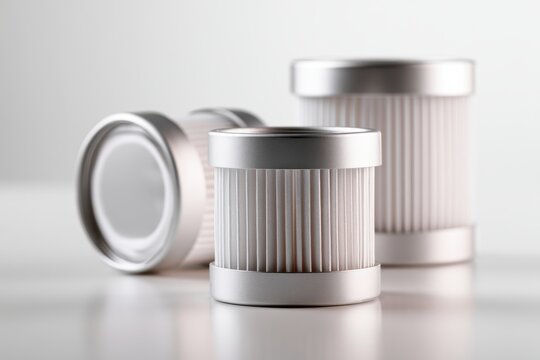 Modern cylindrical air purifier or vacuum cleaner replacement filters with pleated white filter media arranged on a reflective surface against a clean white bac
