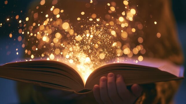 Person holds an open book at night while glowing golden sparks of magic and imagination fly out from the pages into the dark surrounding air