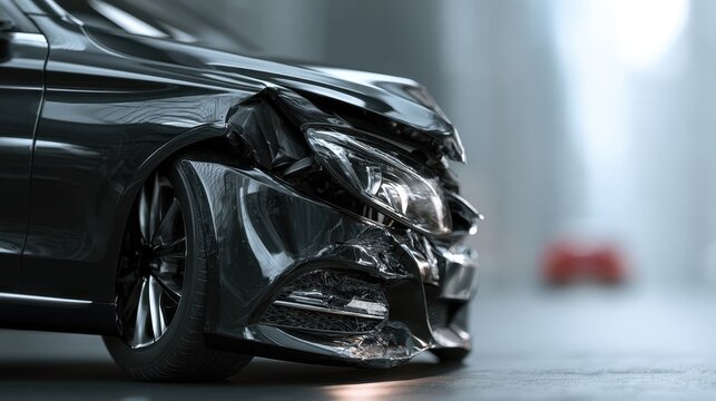 Damaged luxury black sedan with severe front end collision showing crumpled bumper and headlight in indoor setting with soft natural light