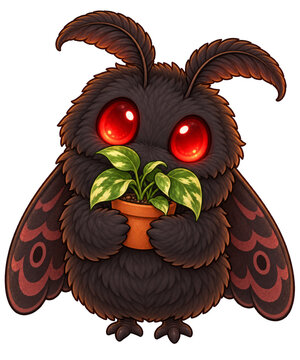 Cute Mothman Holding Potted Variegated Pothos Plant Houseplant