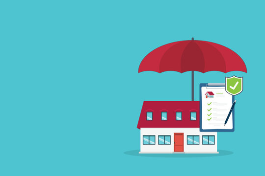 Home insurance concept. House protected with umbrella, modern cottage and paper agreement. Warranty and protection symbol.