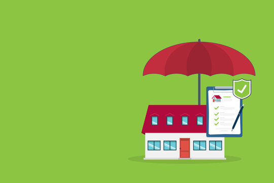 Home insurance concept. House protected with umbrella, modern cottage and paper agreement. Warranty and protection symbol.
