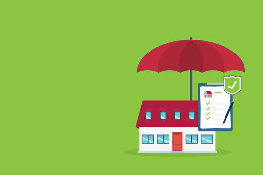 Home insurance concept. House protected with umbrella, modern cottage and paper agreement. Warranty and protection symbol.