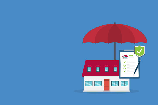 Home insurance concept. House protected with umbrella, modern cottage and paper agreement. Warranty and protection symbol.