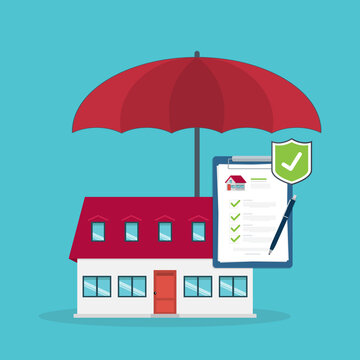 Home insurance concept. House protected with umbrella, modern cottage and paper agreement. Warranty and protection symbol.