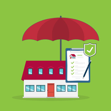 Home insurance concept. House protected with umbrella, modern cottage and paper agreement. Warranty and protection symbol.