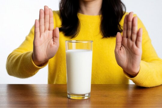 Young woman in yellow sweater makes stop gesture with hands toward glass of milk on wooden table. Female person refuses dairy product due to lactose intolerance milk allergy. Healthy lifestyle