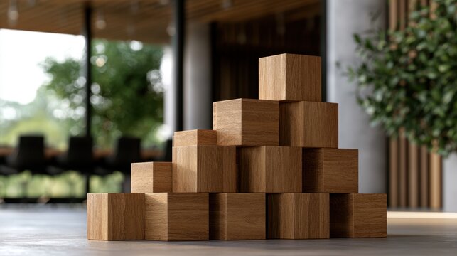 Stacked wooden cubes arranged in a pyramid shape on a modern table with blurred natural background and indoor greenery in soft lighting