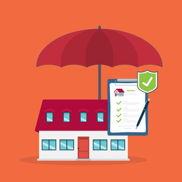 Home insurance concept. House protected with umbrella, modern cottage and paper agreement. Warranty and protection symbol.
