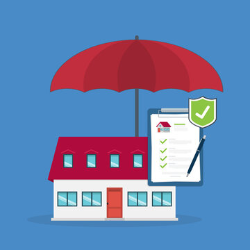 Home insurance concept. House protected with umbrella, modern cottage and paper agreement. Warranty and protection symbol.