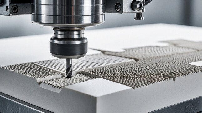 Close up of CNC machine carving intricate textured pattern into thick white material. Industrial milling tool cuts precise grooves using automated computer controlled technology. Metal spindle head
