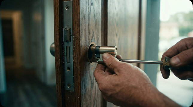 Locksmith hand inserting metallic cylinder core mechanism block wooden security front door frame hole screwdriver tool home safety hardware maintenance layout photo