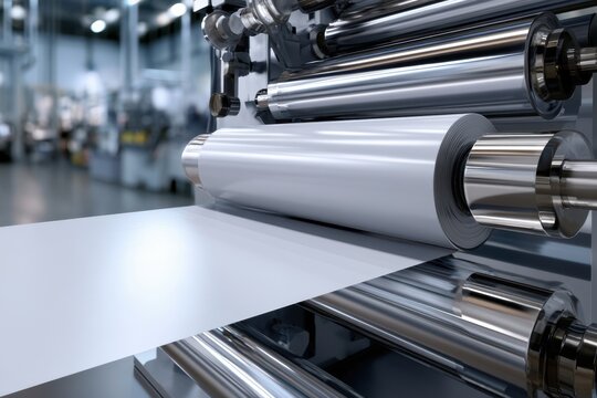 Industrial machinery processing large rolls of white flexible material in a modern factory environment with metallic rollers and automated system