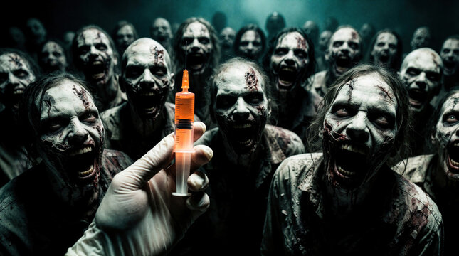 Person in medical glove holds orange liquid syringe against dark background. Scary zombie horde surrounds survivor during terrifying apocalypse. Horror scene shows undead monsters with pale skin,