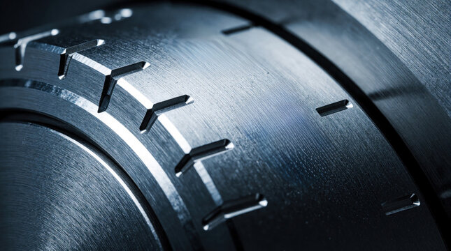 Close up of precision rotary dial with engraved markings. Metal machine component shows technical texture, industrial design. Steel circular part used in scientific instrument high tech engineering