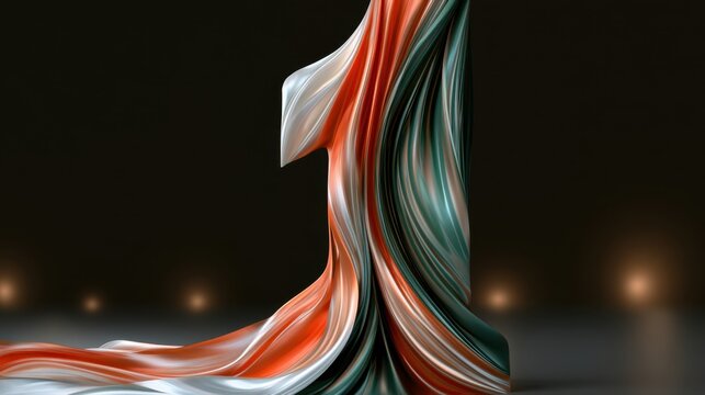 Elegant digital sculpture of the number one with flowing silky textures in warm orange and cool green tones against a dark blurred background with soft glowing