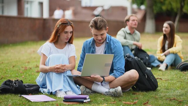University students studying together on campus lawn