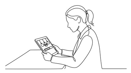 Continuous line drawing of a woman holding a digital tablet © Mansur Safii