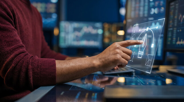 Person in a maroon sweater touching a transparent holographic display showing a digital pen tool icon and path nodes in a dark office with data screens