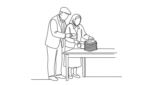Continuous line drawing of an elderly couple organizing documents