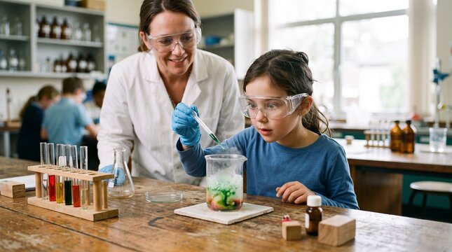 Young girl conducts a science experiment in a classroom with her teacher supervising closely
