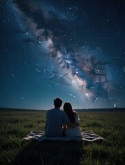 Fototapeta premium Young couple sits on blanket in grassy field at night. Lovers watch bright Milky Way galaxy, starry sky together. Romantic backview of man, woman enjoying astronomy, nature under cosmic universe.