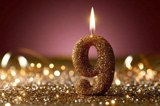 Sparkling glitter gold number nine birthday candle burning brightly on shiny festive surface with bokeh lights background for celebration event