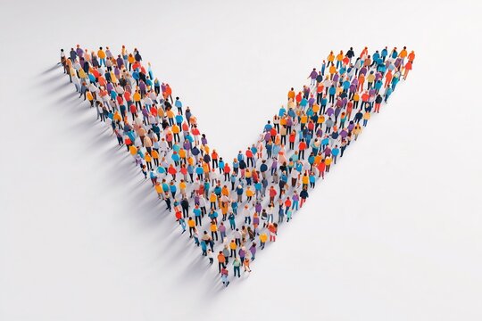 Crowd of stylized people arranged in the shape of a large check mark seen from above, approval and collective success, flat vector illustration