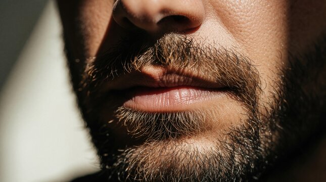 Close up of bearded man face. Macro shot shows facial hair texture, skin pores, lips under natural sunlight. Male stubble, mustache detail with soft shadow. Grooming concept for men skincare