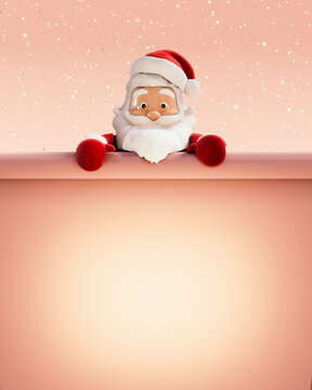Christmas greeting card design with copy space. Santa Claus holding blank vintage paper scroll. 3D Rendering, 3D Illustration