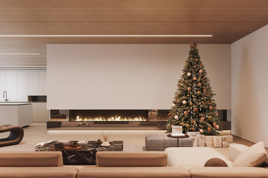 Modern interior design with decorated Christmas tree and white copy space. Christmas at home. 3D Rendering, 3D Illustration