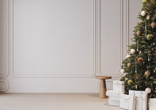 Modern interior design with decorated Christmas tree and empty white wall with copy space. 3D Rendering, 3D Illustration