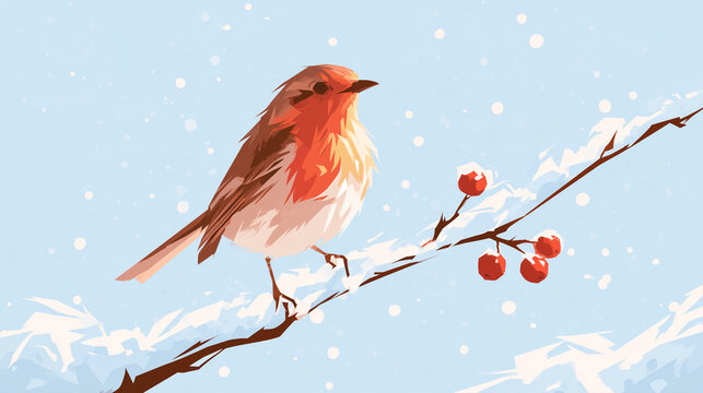 Cheerful flat vector illustration of a small bird perched on a snow-covered branch with red berries, soft snowflakes falling gently, a soft pale blue winter sky, peaceful winter mood