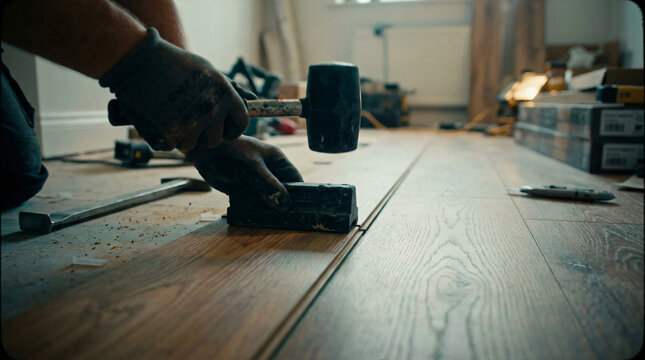 Flooring installer hand holding soft rubber mallet hammer tool tapping block block align interlocking laminate wood flooring plank joints rows home renovation layout photo