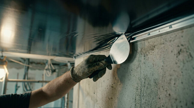 Ceiling mounter hand using stainless steel tucking spatula trowel tool stretching locking pvc canvas harpoon profile inside wall track frame home renovation layout design