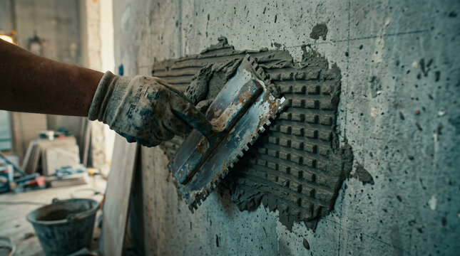 Mason tiler hand using notched steel trowel comb tool spreading thick grey cement adhesive glue mortar paste compound concrete wall tiling home renovation design layout