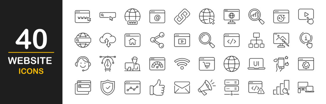 Website icon set. Contains such icons as web site, internet, hosting, server, homepage, e-commerce, search, media, web, contact, communication, SEO and more. Linear icon collection Vector illustration