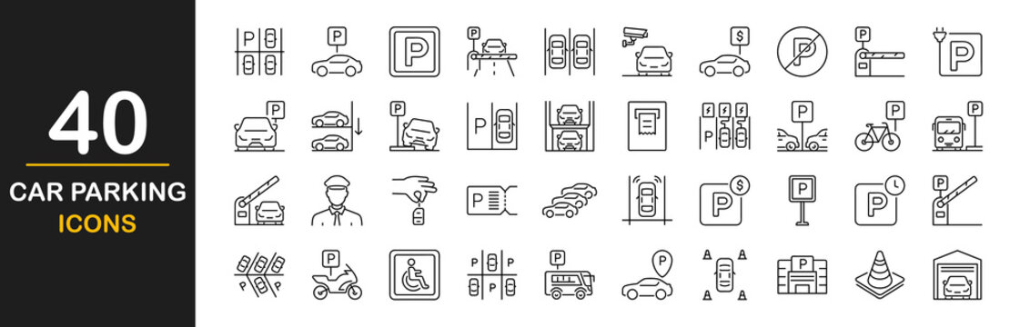 Car parking icon set. Contains such icons as parking, car charging, signs, parking area, garages, cars, transport, motorcycle, navigation, spaces and more. Linear icon collection. Vector illustration
