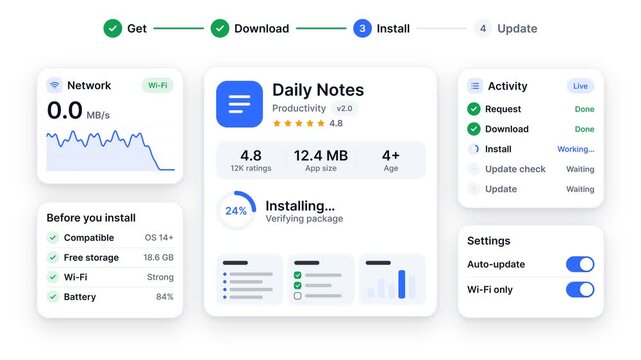 Productivity App Installation and Update Process Animation, Modern Software Dashboard Isolated on White