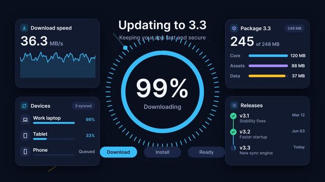 Software Update Dashboard Interface Animation with Progress Bar and Download Speed Graph on Dark Background