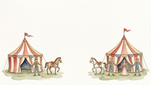 Whimsical carnival border with carousel style horses and circus elements arranged along the lower edge with large copy space.