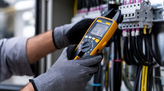 Technician using a digital clamp meter to measure electrical current and troubleshoot wiring inside an industrial electrical control panel with safety gloves