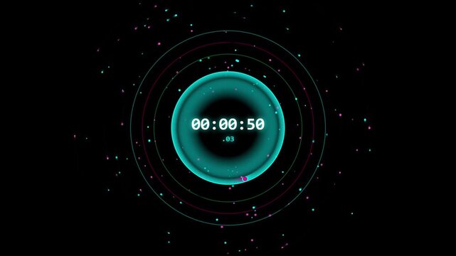 A glowing futuristic digital countdown timer surrounded by concentric neon circles and particle effects in dark space
