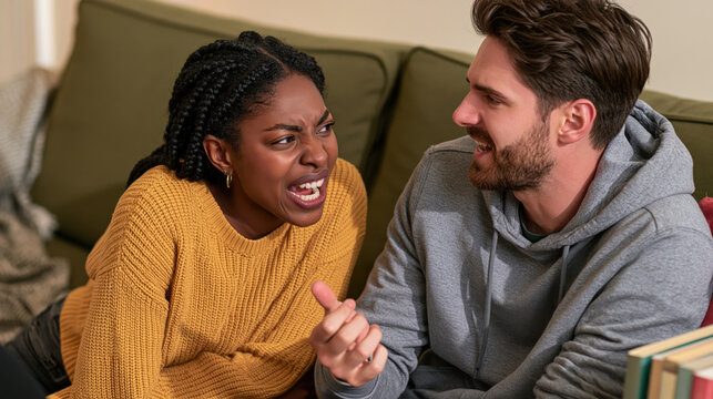 Young couple having a heated disagreement while sitting together on a comfortable living room sofa